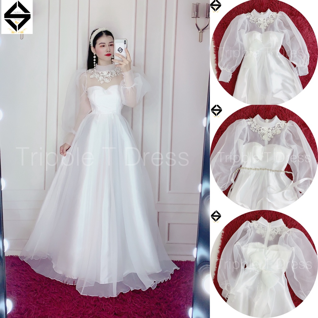Đầm mặc cưới tay dài phồng voan xốp tặng kèm nơ TRIPBLE T DRESS -Size S/M/L - MS314V
