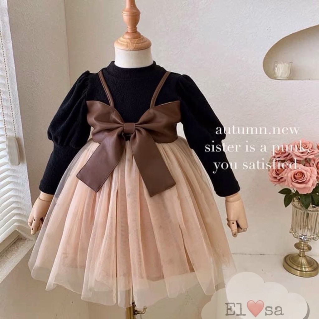 Váy bé gái - Đầm Công Chúa Dài Tay Phối Nơ Phong cách Hàn Quốc siêu xinh cho bé 1-7 Tuổi