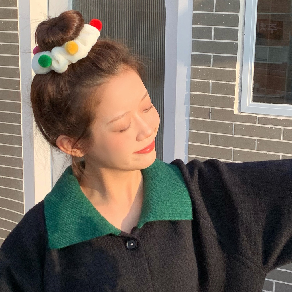 Dây buộc tóc đính bóng xù màu sắc ngọt ngào thời trang Hàn Quốc cho nữ