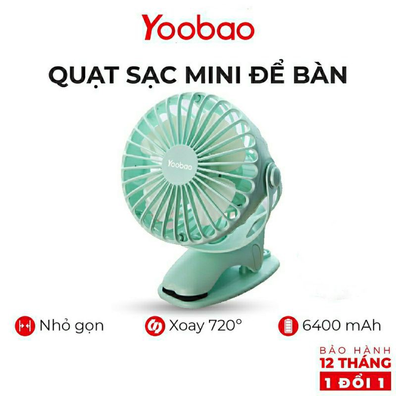 Quạt mini để bàn tích điện Yoobao 6400mAh chân kẹp, xoay góc 720 độ, kẹp xe đẩy, 32 tiếng