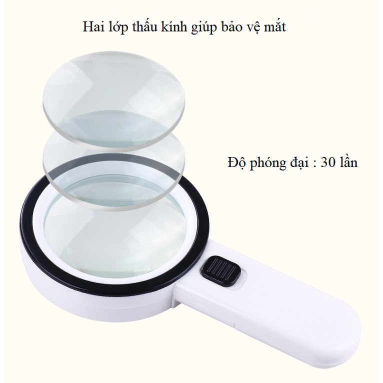 Kính Lúp siêu tiện ích. Kính lúp cầm tay có đèn Led phóng đại 30 lần K2288-85