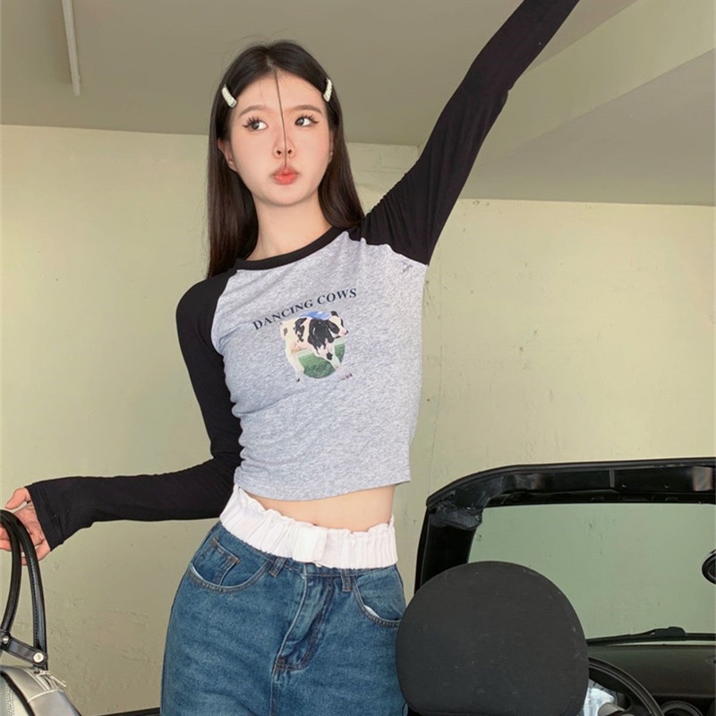 Áo Thun Tay Dài Dáng Ôm In Họa Tiết Dễ Thương Phối Màu Tương Phản Thời Trang Cho Bạn Gái