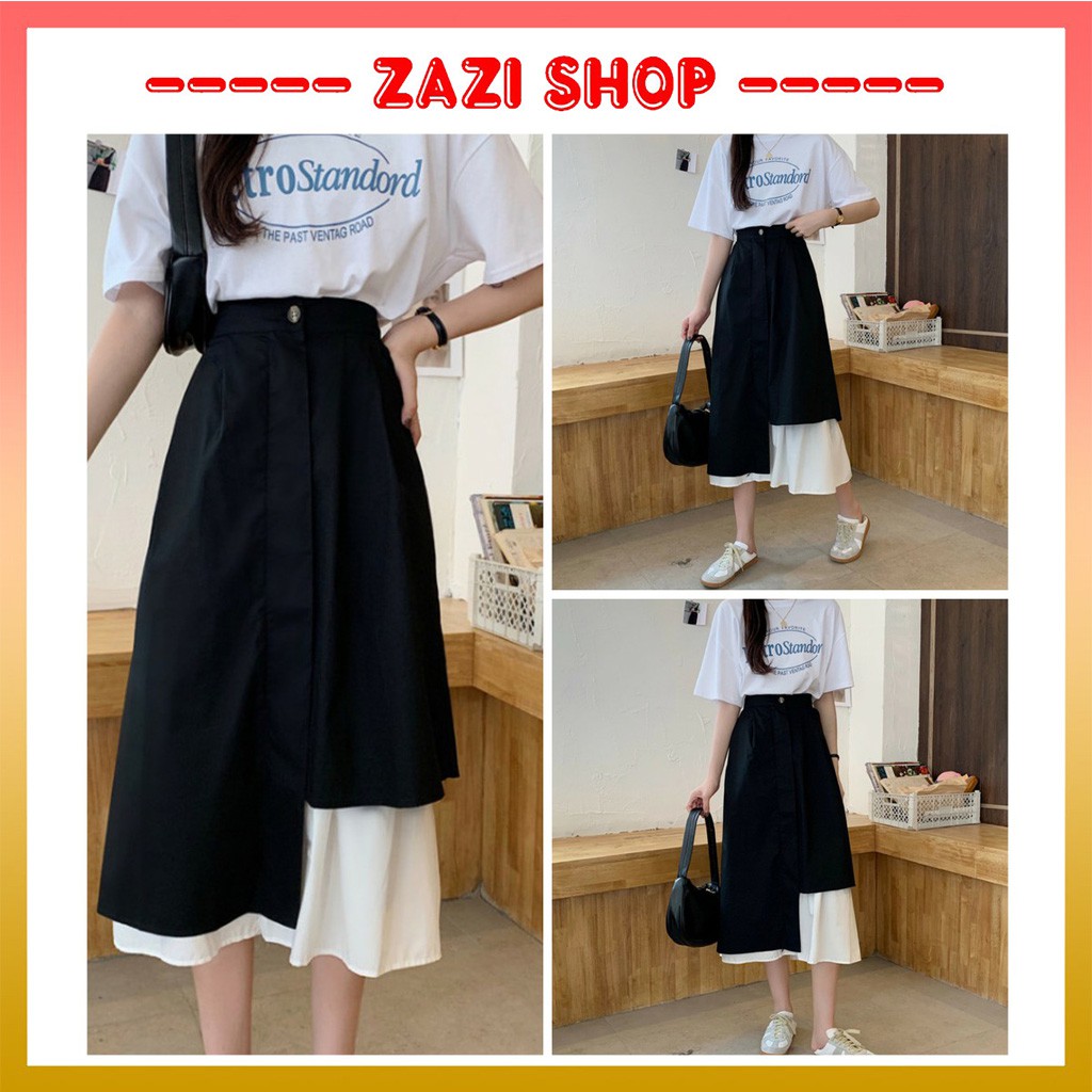 Chân váy vạt lệch phối đen trắng ♥️ Chân váy dài, chân váy ulzzang - ZaZi CV09