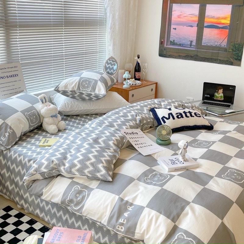 Set chăn ga gối 4 món cotton living gấu xám