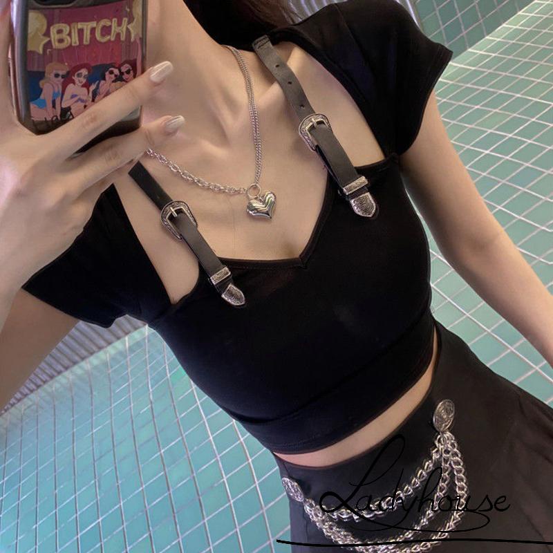 Áo Thun Croptop Tay Ngắn Cổ Chữ V Màu Sắc Trơn Phong Cách Gothic Thời Trang Mùa Hè Dành Cho Nữ