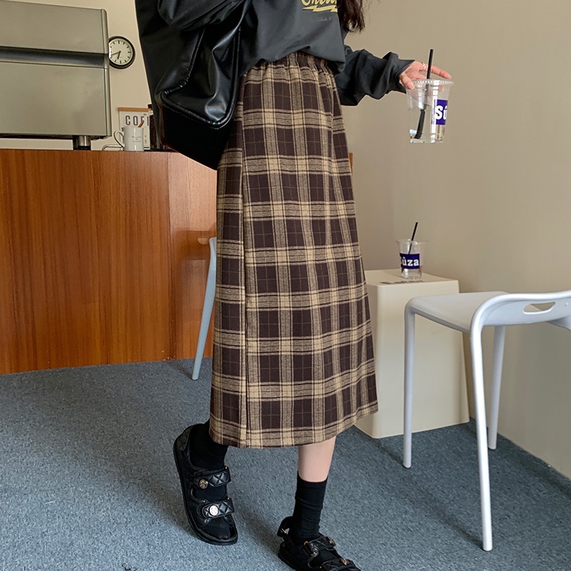 Chân váy chữ A SUXI lưng cao họa tiết sọc caro phong cách cổ điển thời trang cho nữ