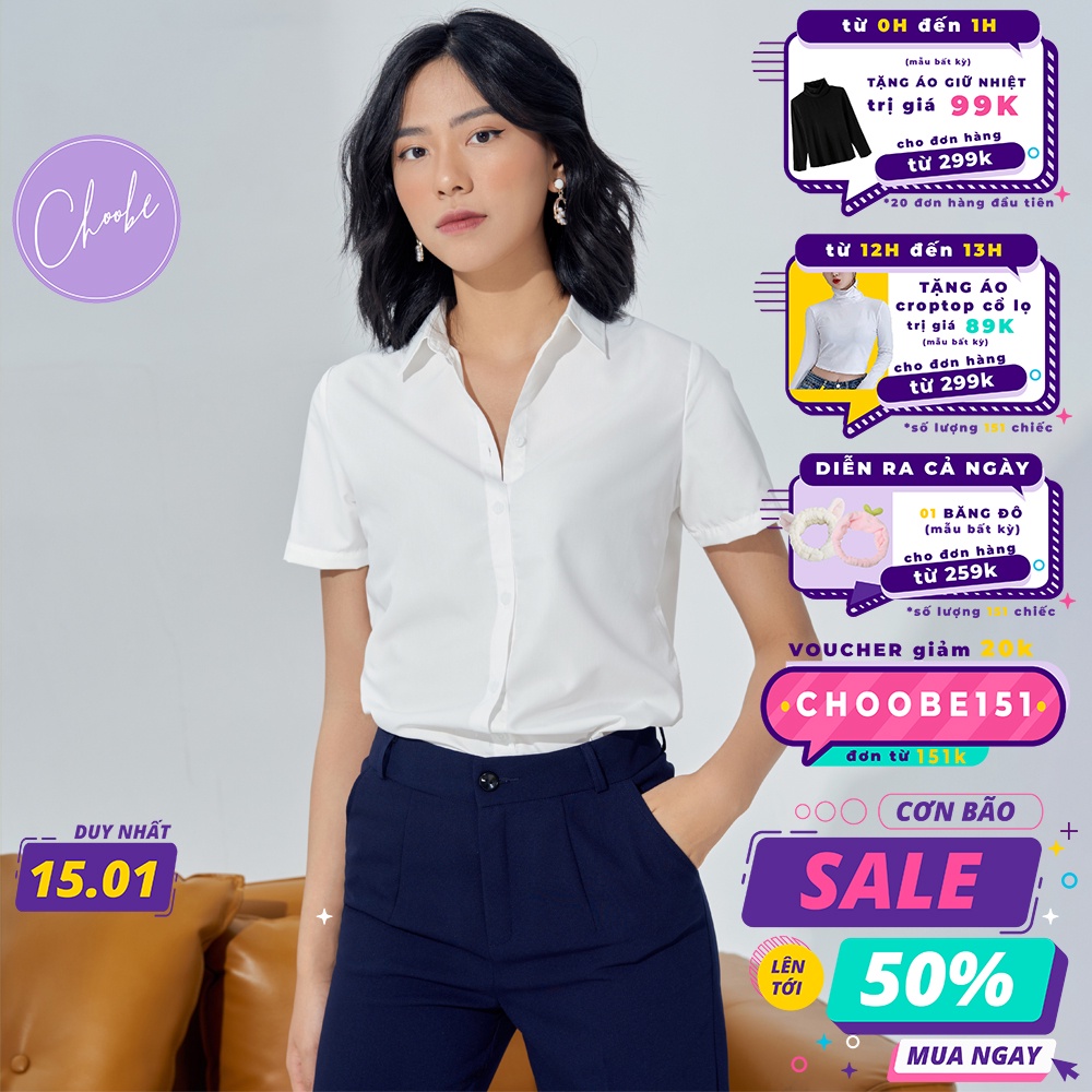 Áo sơ mi nữ Choobe tay ngắn form suông màu trắng xanh sơmi cộc thời trang công sở A02