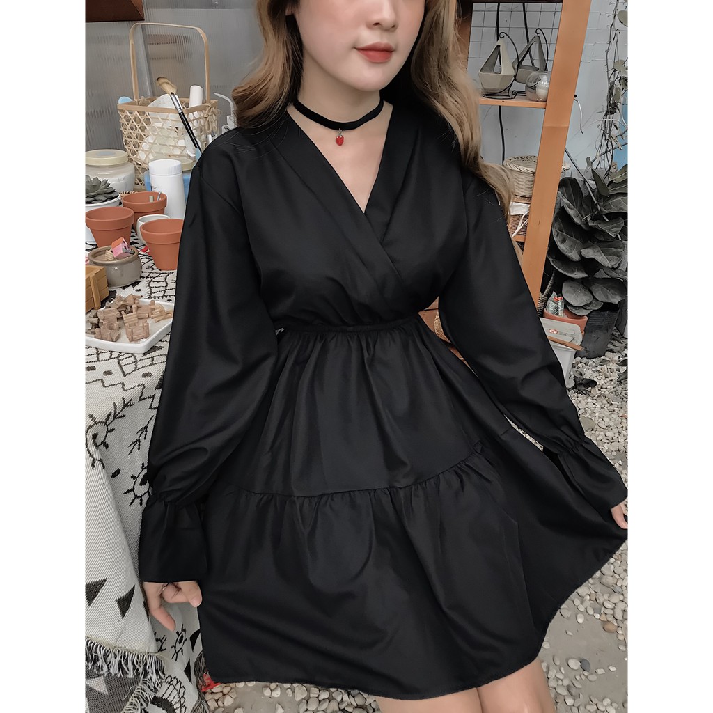 Đầm babydoll dáng xoè tay dài trắng và đen đôi bạn thân dáng ngắn và dáng dài