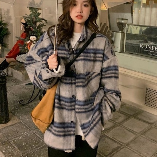 ZHELIHANGFEI Áo Khoác Len Tay Dài Cổ POLO Form Rộng Họa Tiết Kẻ Sọc Hợp Thời Trang