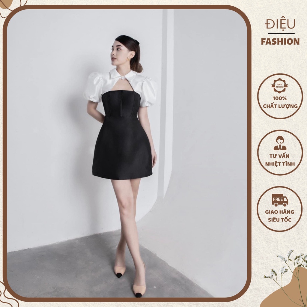 Váy chữ A phối sơ mi trắng cut out ngực tay bồng tiểu thư