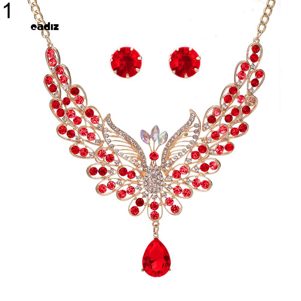 Bộ dây chuyền và khuyên tai hình đuôi công đính đá nhiều màu