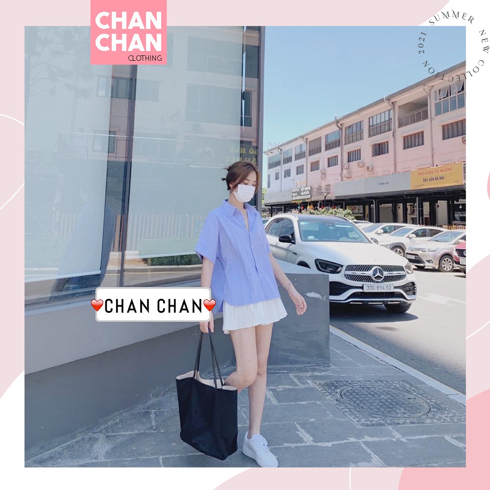 Áo sơ mi nữ kẻ sọc cộc tay | Trắng, Xanh, Xám, dáng cúc sau | Áo sơ mi Hàn Quốc thiết kế cúc sau
