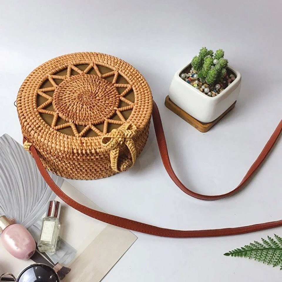 Túi Mây Tre Đan , Mặt Hoa Nhiều Loại , Kích Thước 20x8cm