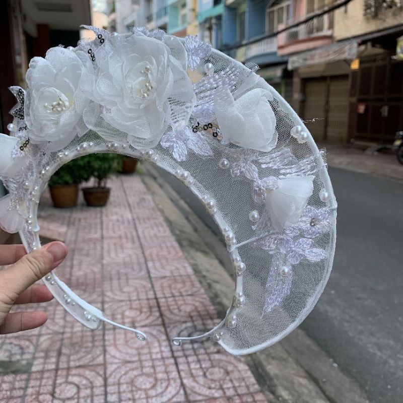 Mấn lưới cô dâu đính hoa hạt trai trắng