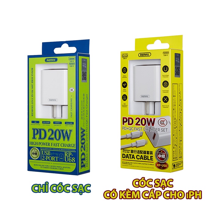 [Mã BMLT35 giảm đến 35K] Bộ cốc sạc nhanh Remax RP-U68 2 cổng USB tích hợp QC 3.0 và PD 20W kèm cáp sạc nhanh Type C to