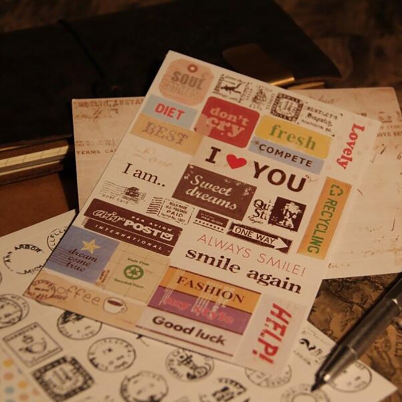 Set 6 tờ nhãn dán phong cách Retro dùng trang trí thủ công
