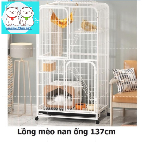 Lồng mèo nan ống 3 tầng Size L cao 1m3 (tặng võng mèo) Biệt thự cho mèo ở Chuồng mèo có bánh xe
