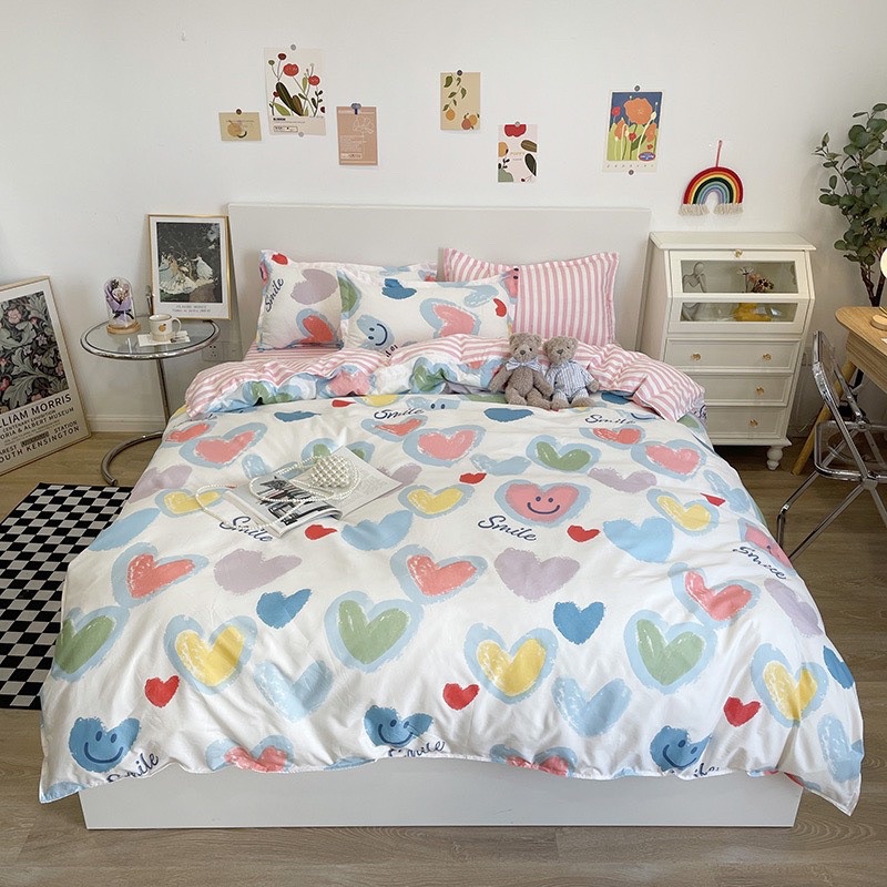 Bộ chăn ga gối cotton poly - Mẫu tim smile.