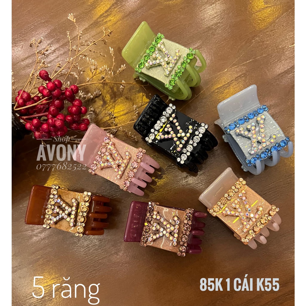 kẹp tóc càng cua 3 - 5 răng thương hiệu Lv vuông đính đá màu
