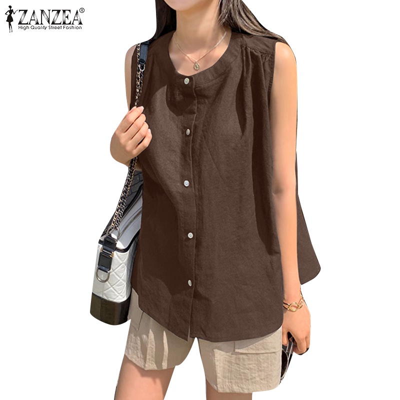 Áo kiểu ZANZEA cộc tay cổ tròn dáng suông cài nút phía trước cho nữ