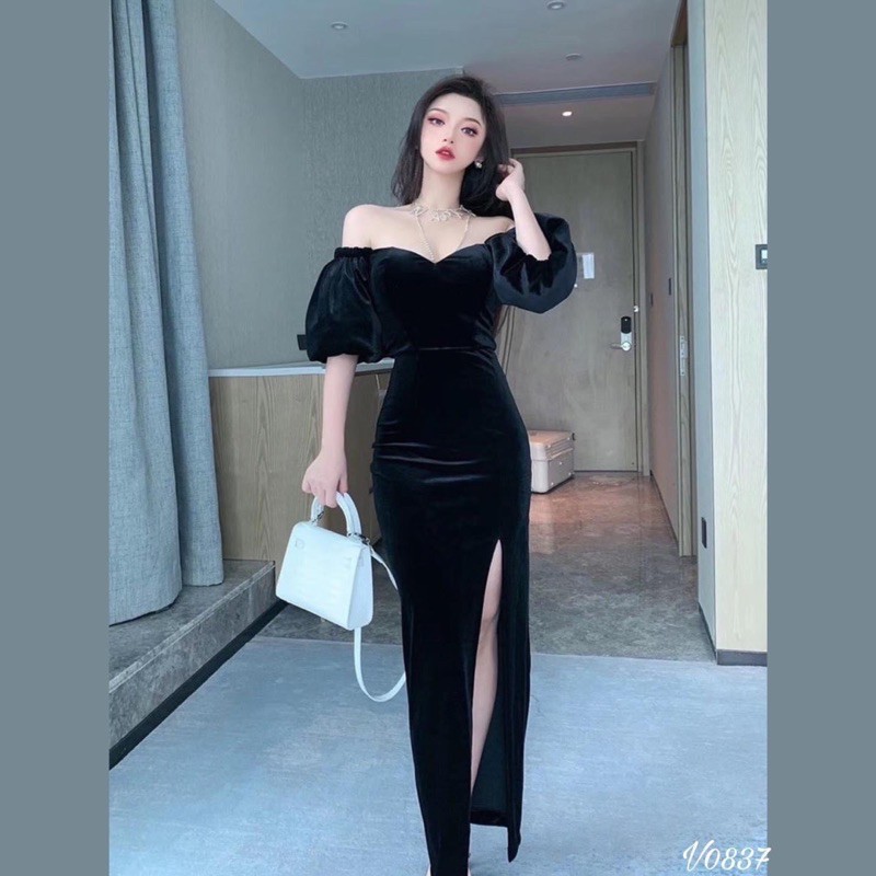 Đầm maxi nhung xẻ đùi tay phồng kèm hình thật | BigBuy360 - bigbuy360.vn