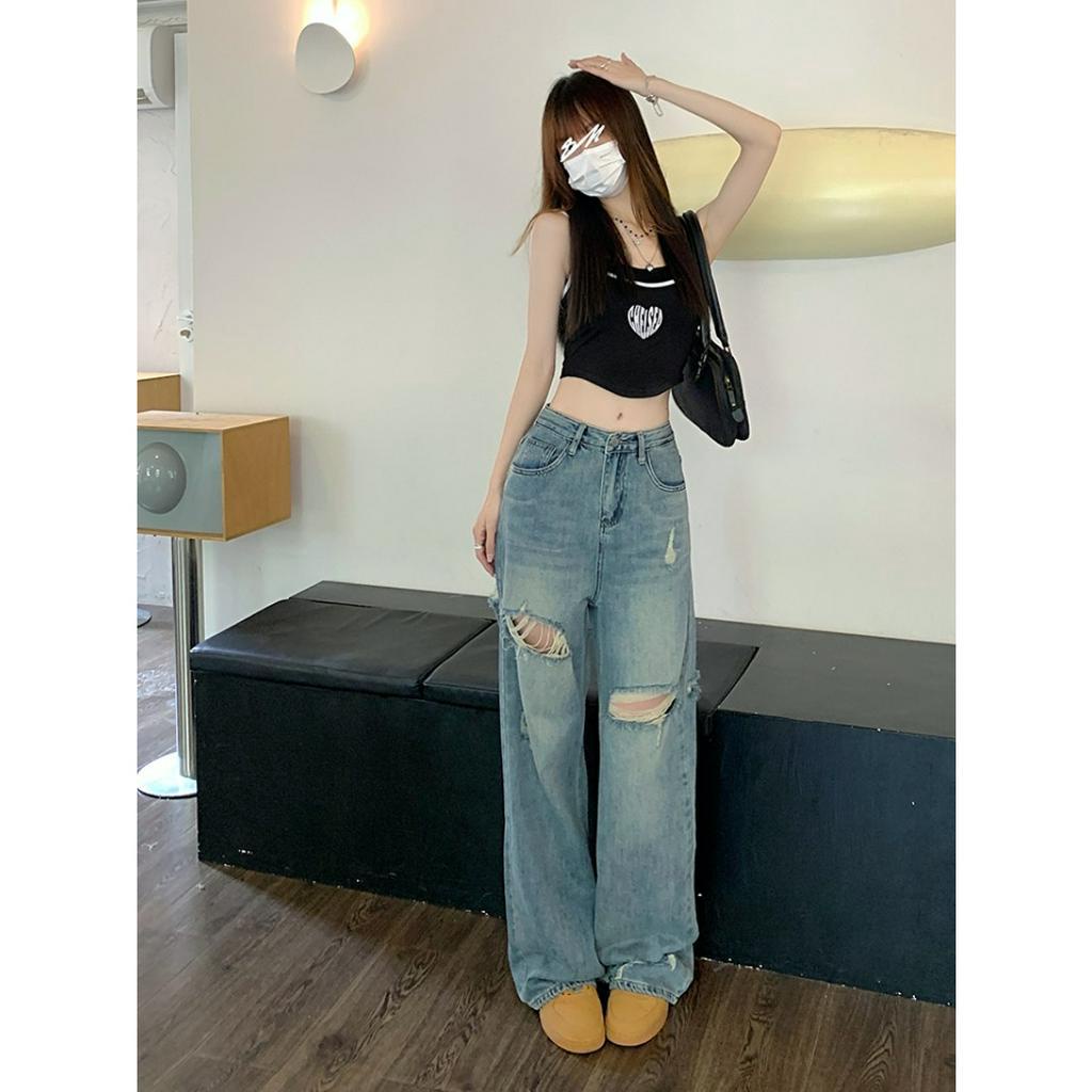 「 WELOVE1 」Quần Denim Cạp Cao Rách Gối