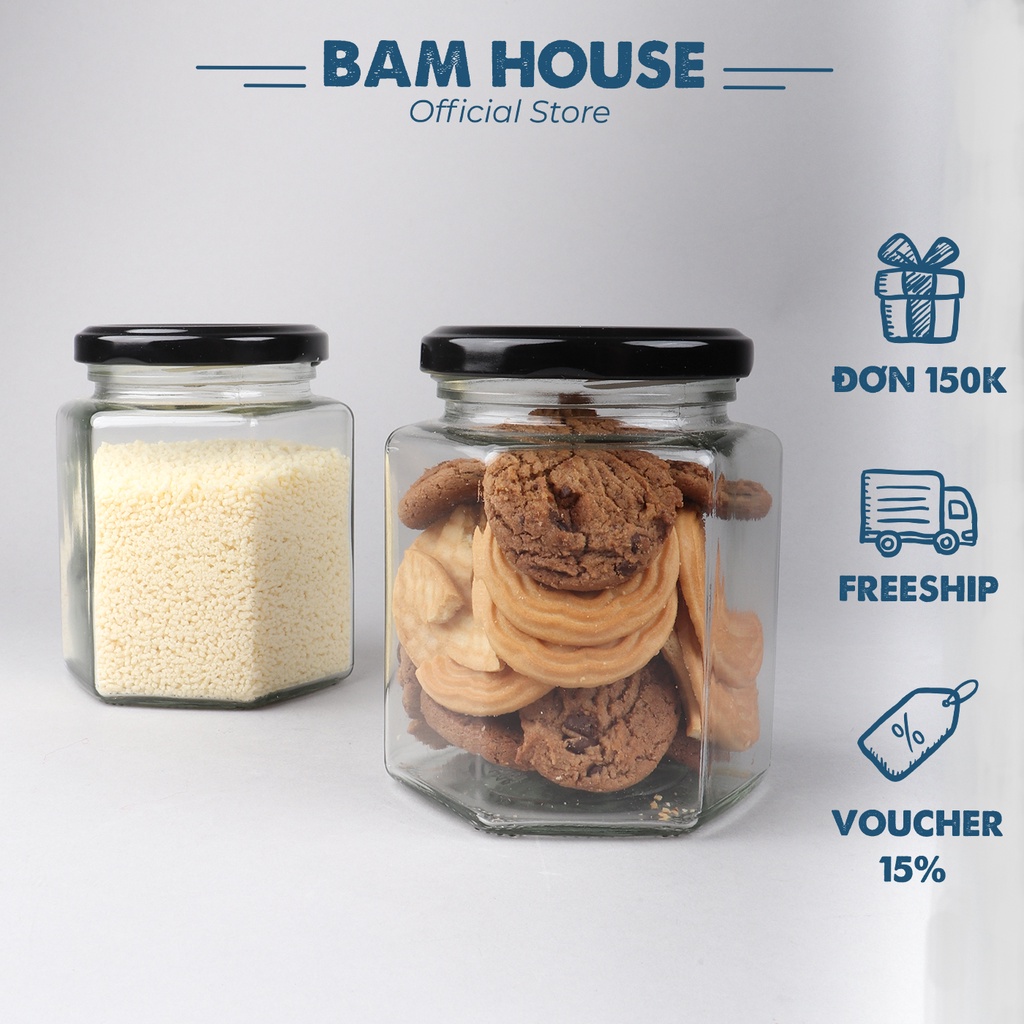 Hủ thủy tinh lục giác Bam House có nắp nhôm giúp bảo quản gia vị và thực phẩm tốt cao cấp HLG02