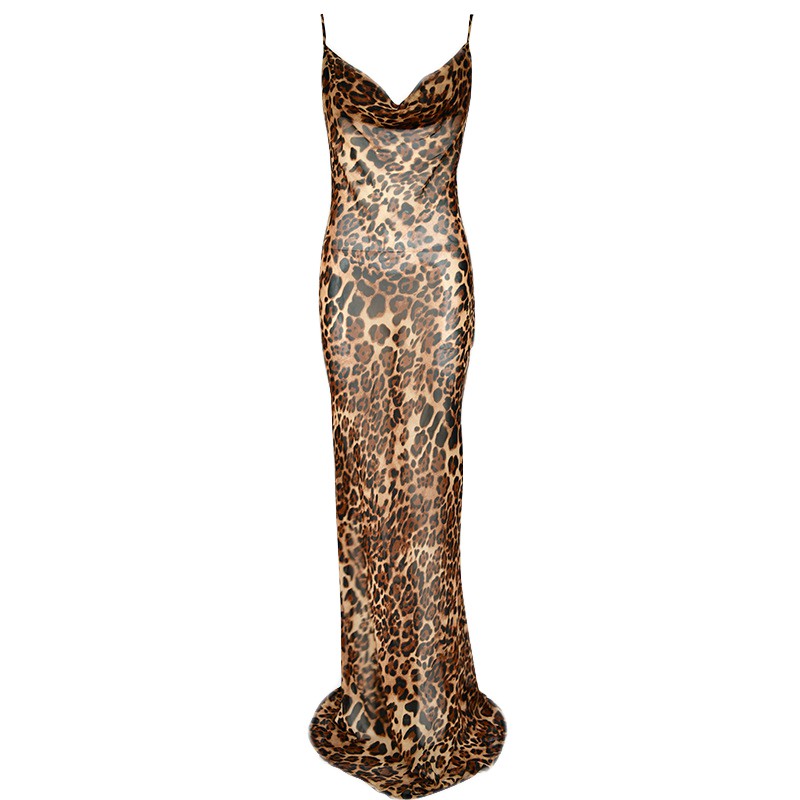 Summer Women Leopard Print Long Dress Chiffon See Through y Backless Party Dresses Elegant V Neck Beach Dress S