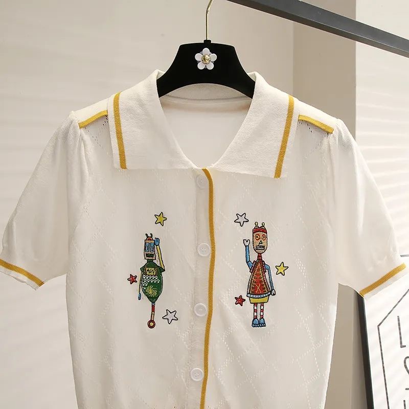 Áo Cardigan Dệt Kim Mỏng Cổ POLO Thêu Họa Tiết Hoạt Hình Thời Trang Mùa Hè Cho Nữ