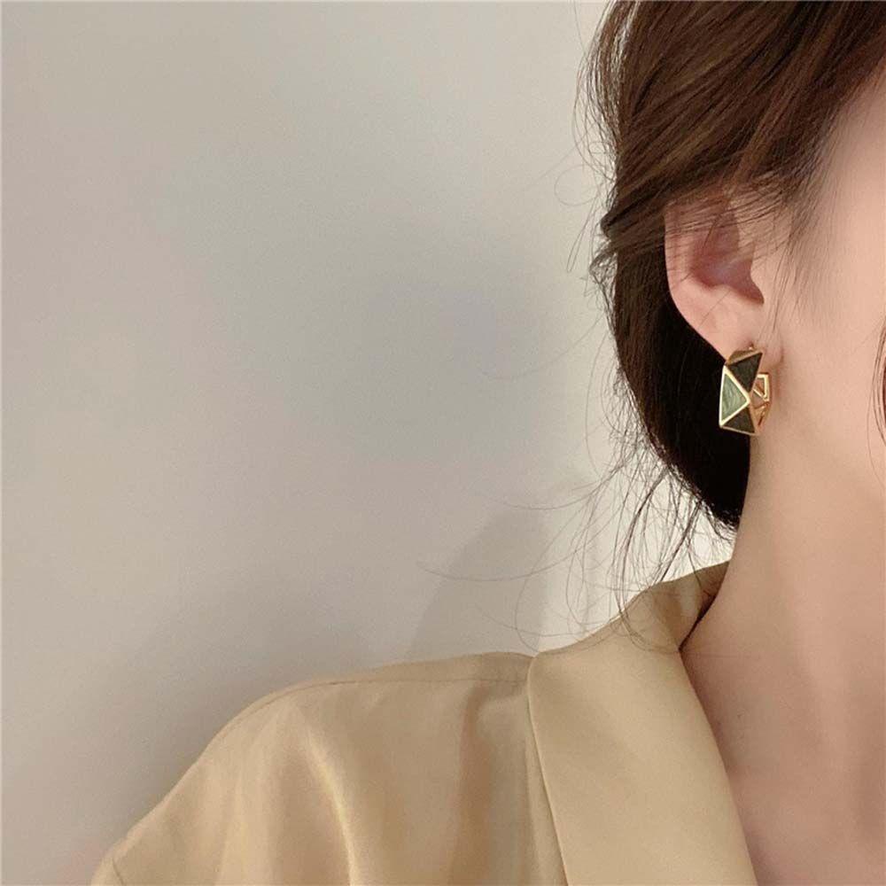 QQMALL Bông Tai Mạ Bạc 925 Dáng Dài Họa Tiết Hình Học Màu Xanh Lá Cao Cấp Thời Trang Cho Nữ