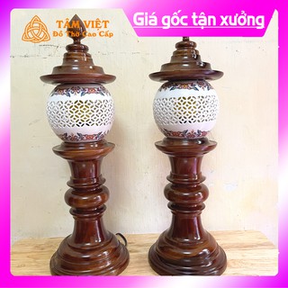 (ĐÈN THỜ CAO CẤP) Đèn Thờ Gỗ Gụ Sứ Hoa Văn Tròn