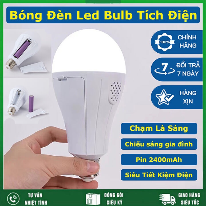 Bóng đèn Led Bulb tích điện 15W siêu sáng, 2 pin lithium 18650 2400mAh, đui xoáy E27