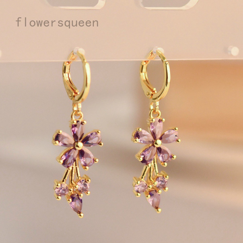 flowersqueen Đôi Bông Tai Mạ Vàng 18K Hình Bông Hoa Nạm Đá Thanh Lịch