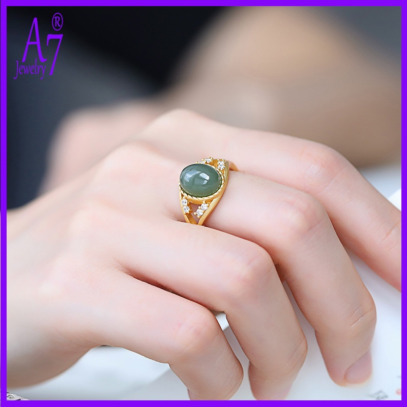 Nhẫn Mạ Bạc 925 Đính Đá Ngọc Bích Xám A7Jade