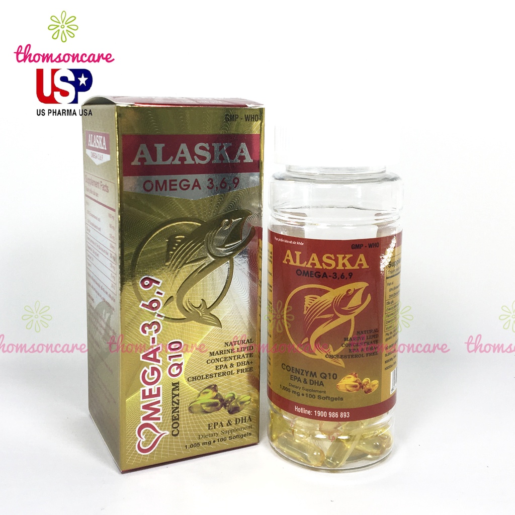 Dầu cá Alaska Hộp 100 viên bổ sung Omega 3 6 9, DHA EPA, có thêm dầu hoa anh thảo và coenzym q10, bổ mắt và tim mạch