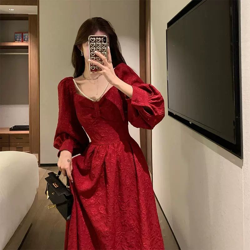Đầm Dài Ngang Gối Dáng Ôm Màu Đỏ Phong Cách Phương Tây Cỡ Lớn Dành Cho Nữ