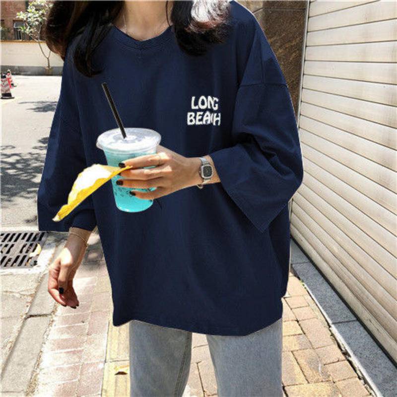 Female Half-sleeved Short-sleeved T-shirt  Korean Version of the Trendy Loose All-match Summer Mid-sleeve Harajuku Style Top