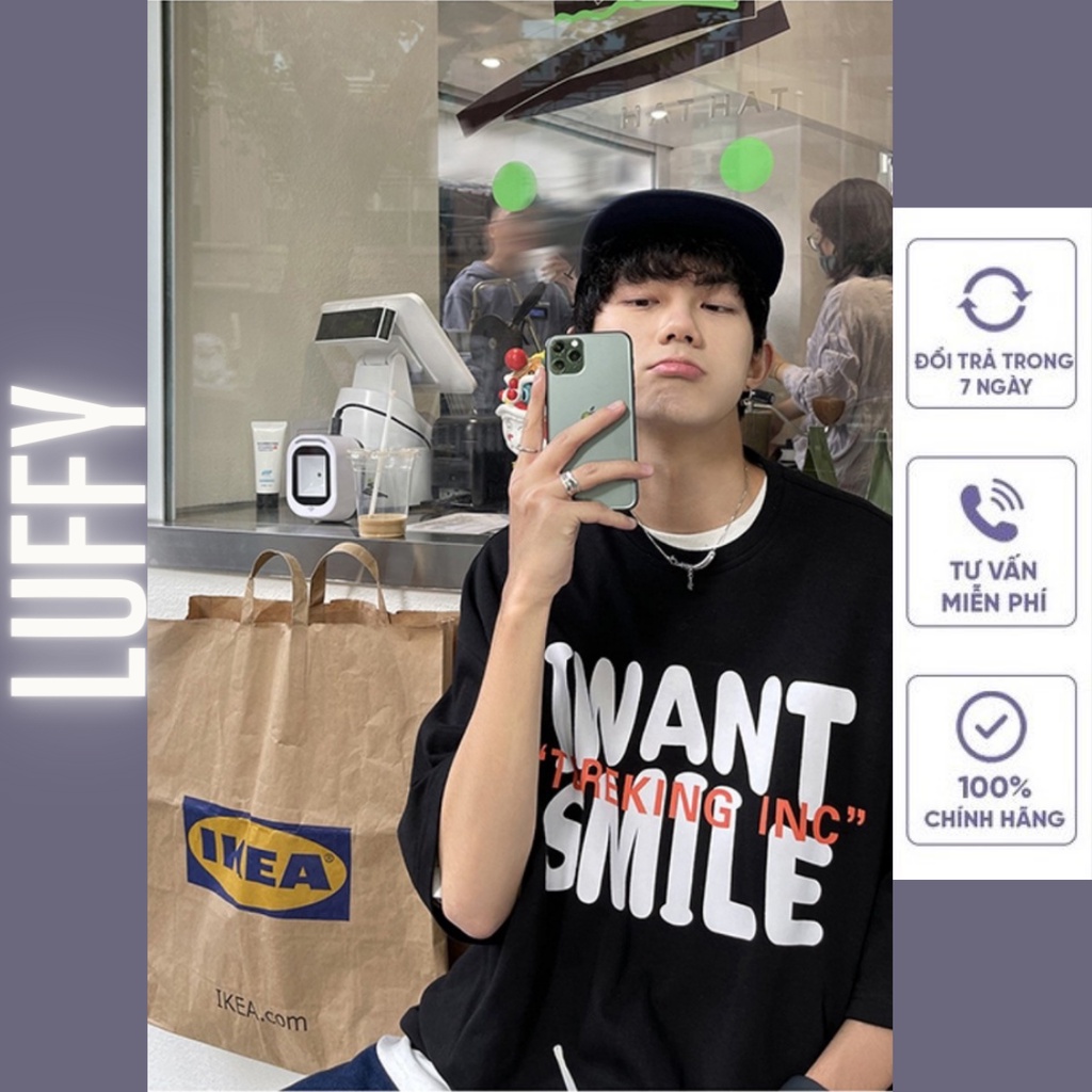 Áo thun nam, áo phông from rộng tay lỡ chất cotton In Chữ IWANTSMILE