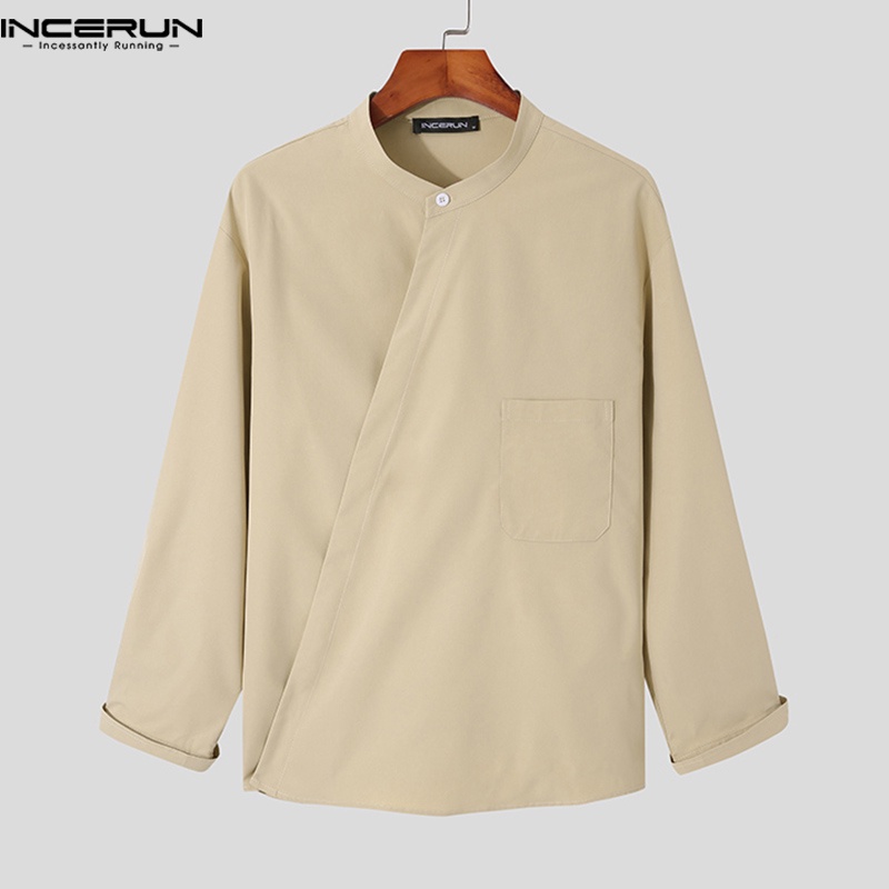 Áo sơ mi INCERUN dài tay cổ chữ V vạt bất đối xứng thời trang cho nam