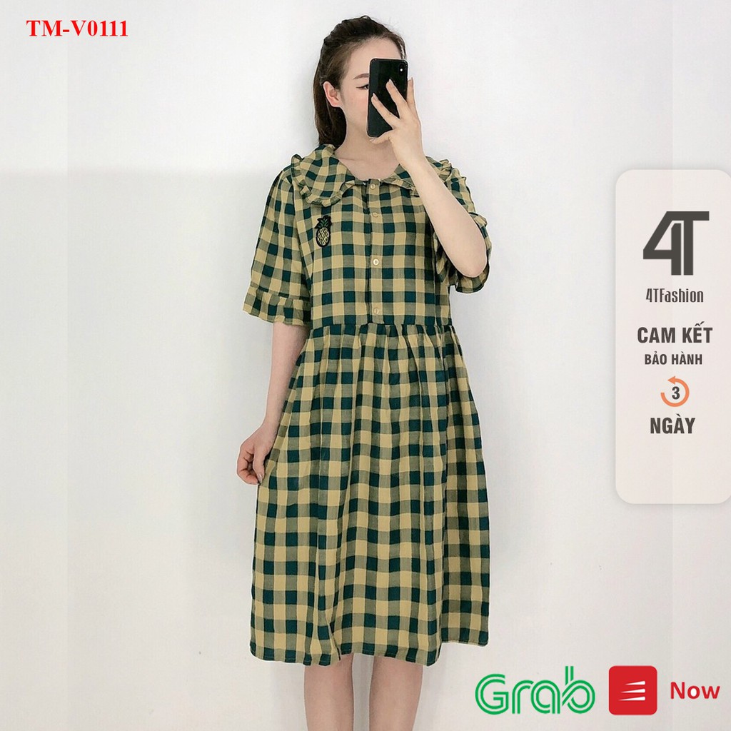 Váy bầu 4T Fashion  - Đầm bigsize kẻ caro dáng dài cổ sen chất cotton siêu mát