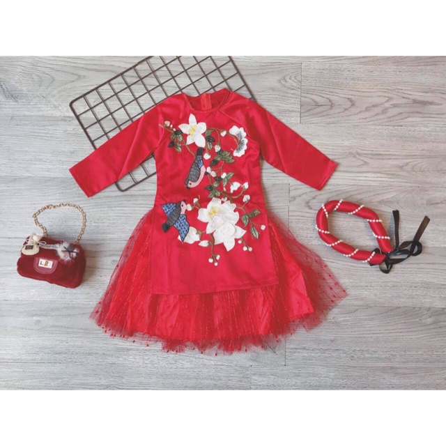 Áo dài thêu hoạ tiết bé gái 1-8y