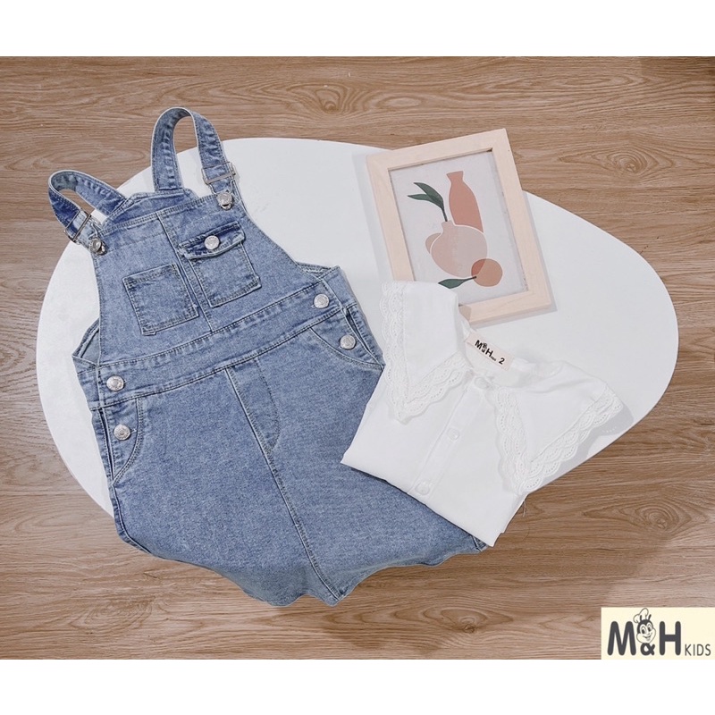 Bộ Yếm Bò Kèm Áo Sơ Mi Cổ Ren Cực Sang Chảnh Cho Bé Gái NIAKI - TT58