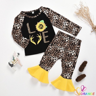 Set Áo Thun Tay Dài In Hình Hoa Hướng Dương Và Quần Dài Họa Tiết Da Báo Cho Bé Gái 7 Tuổi