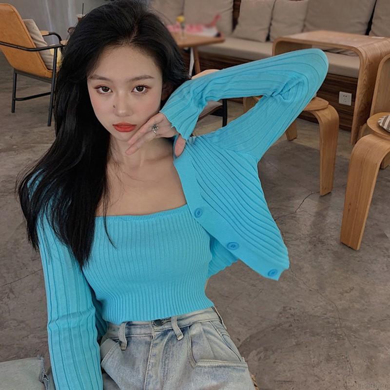 Set áo hai dây kèm áo cardigan vải dệt màu trơn thiết kế thời trang cho nữ | BigBuy360 - bigbuy360.vn