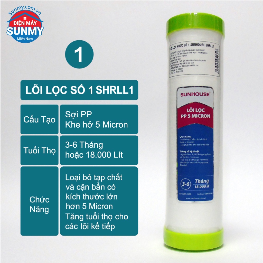 Lõi Lọc Nước Sunhouse Số 1,2,3 SHRLL1 - SHRLL2 - SHRLL3 - Bộ 3 Lõi Lọc Thô Sunhouse Chính Hãng