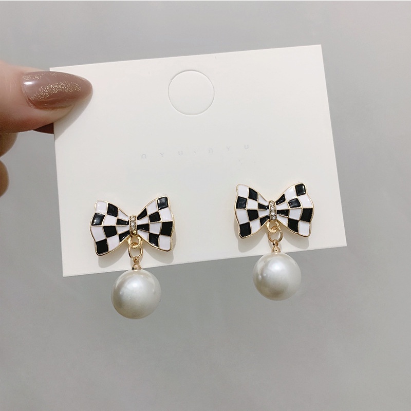 (MỚI) Bông tai hình nơ đính ngọc trai