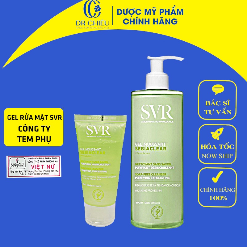 Sữa rửa mặt SVR Sebiaclear Gel Moussant ⚜️CHÍNH HÃNG⚜️Gel rửa mặt svr chứa PHA dành cho da hỗn hợp, da dầu mụn SVR 50ml