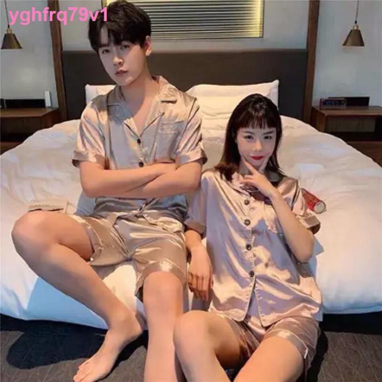 đồ lótQuần lótthời trangCouple pyjama nữ mùa hè băng lụa ngắn tay mỏng phiên bản Hàn Quốc của lưới màu đỏ nam gi ❕