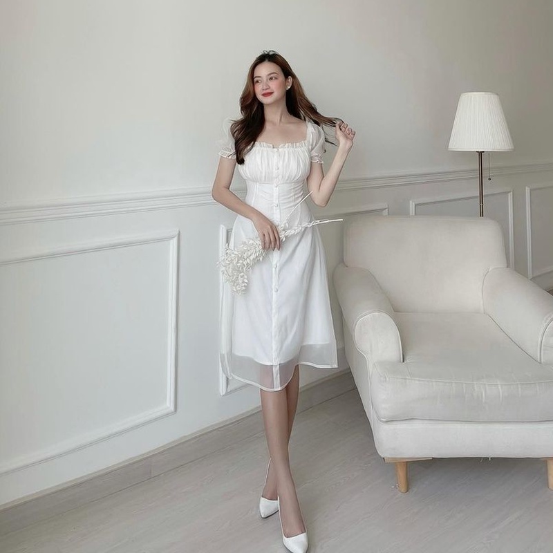 [Ảnh thật] Đầm trắng cổ vuông nhún ngực nút bọc viền bèo tay phồng