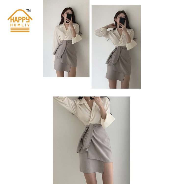 HAPPY HOMLIV Bộ Áo Khoác + Chân Váy Chữ A Lưng Cao Thời Trang Hàn Quốc Thanh Lịch Cho Nữ